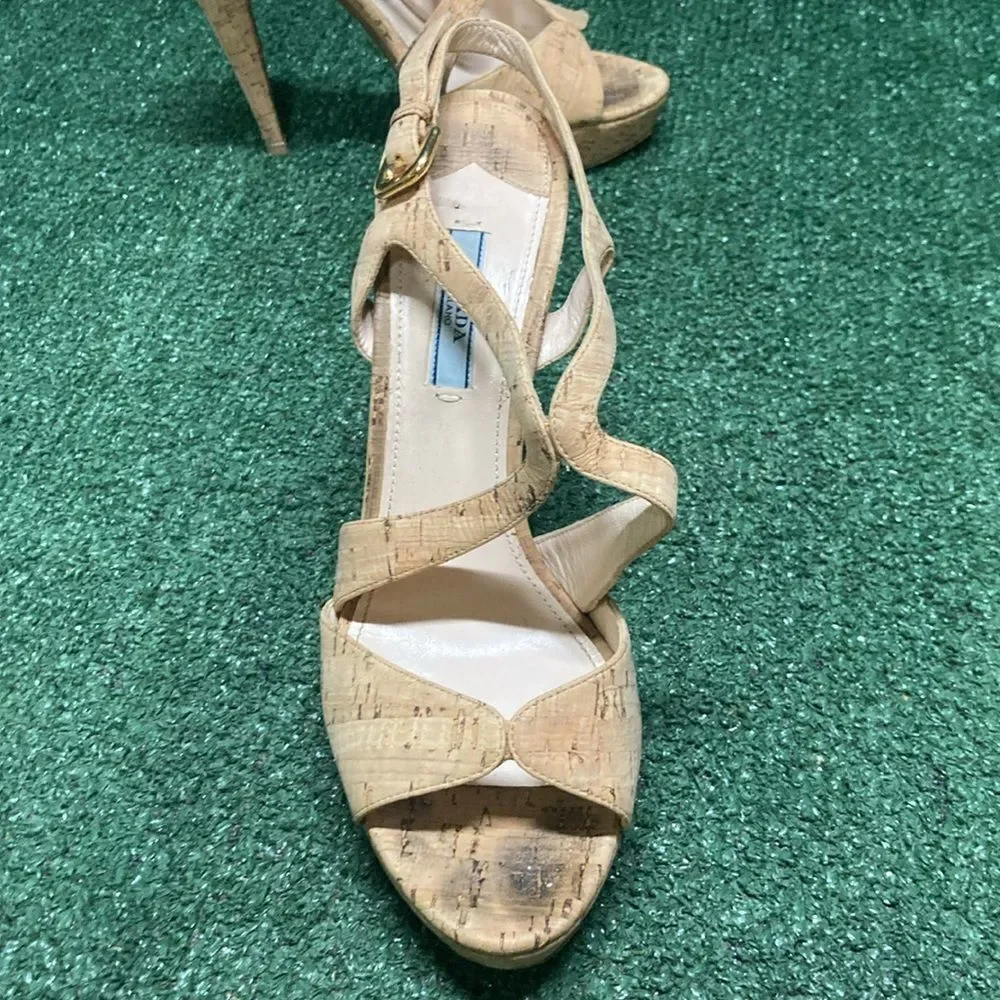 Prada Natural Cork Platform Sandals with Gold Buckles
